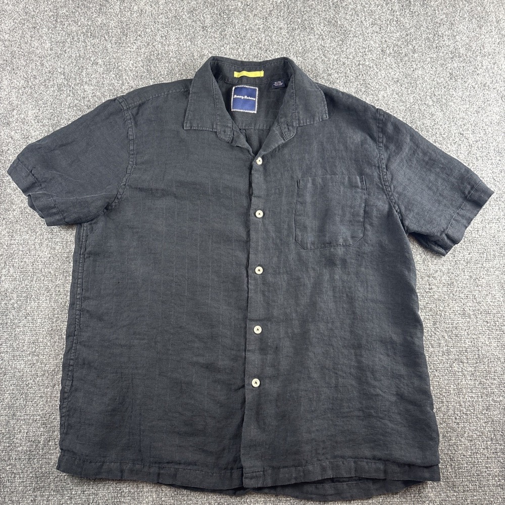 Tommy Bahama Men XL Black 100% Linen Herringbone Camp Shirt Short Sleeve Resort